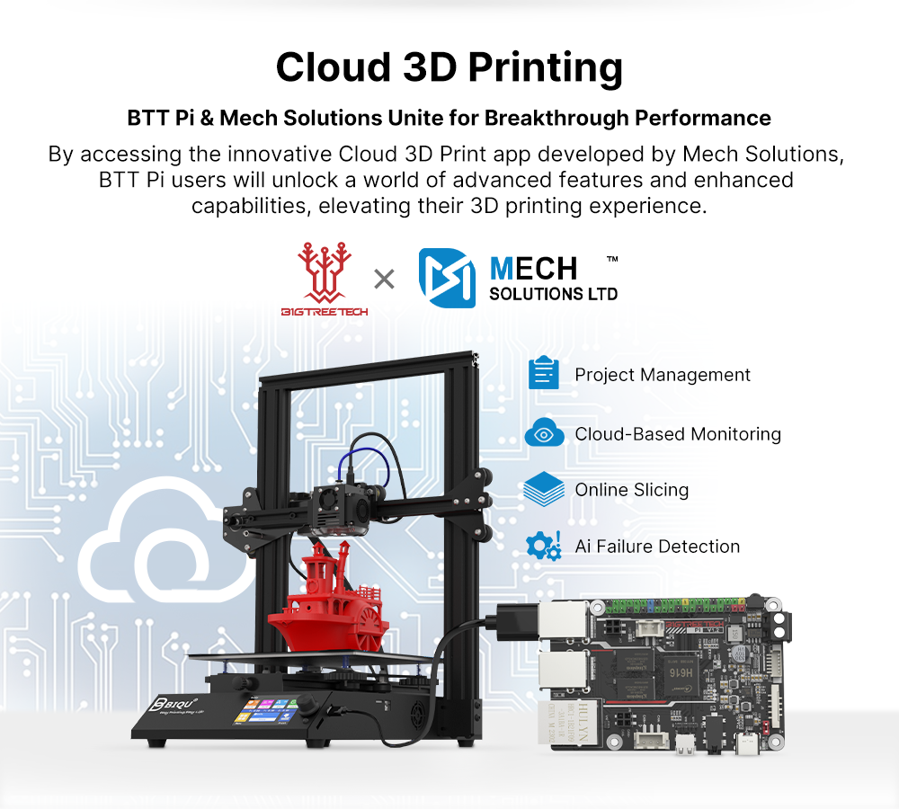 Además, tenemos otra versión de BTT Pi, es BTT Pi + Cloud 3D Print. Recibirá un código de activación de impresión en la nube adicional al realizar la compra y disfrutará de los servicios de impresión en la nube al momento de la activación.