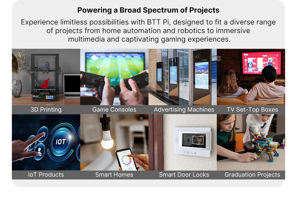 Experience limitless possibilities with BTT Pi, designed to fit a diverse range of projects, like robotics, multimedia, etc.
