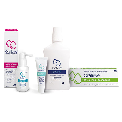 Oralieve products featuring Oralieve, spray, lip care, mouthwash and toothpaste