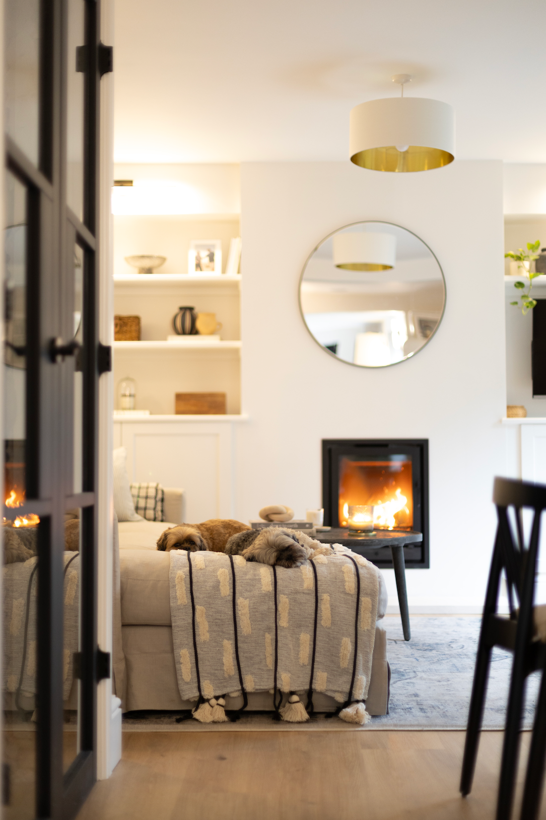 cosy neutral living room with black accents