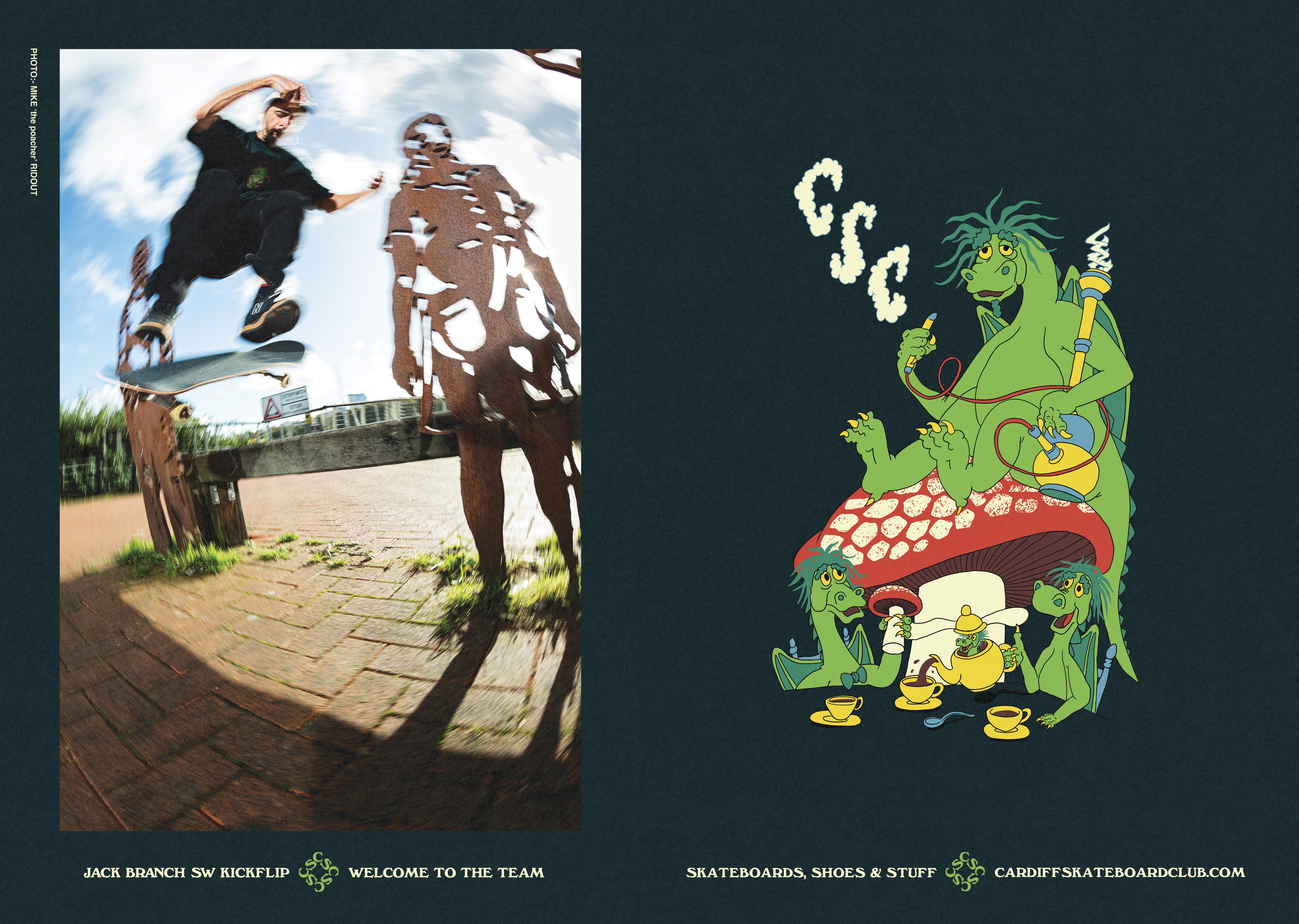 Jack Branch CSC Welcome Ad from The Skateboarder's Companion, photo by Mike Ridout and artwork by Nathaniel Jones - CSC, Cardiff Skateboard Club - UK Skate Shop