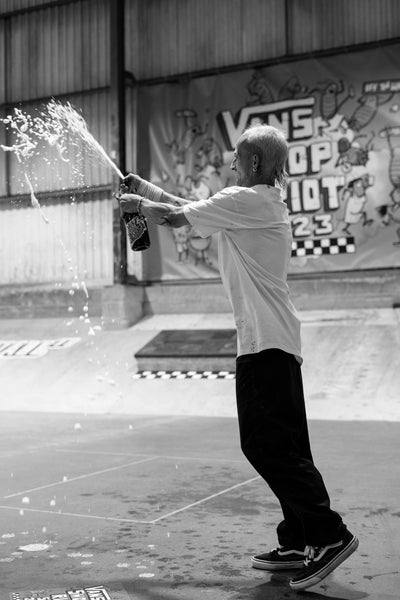 Dean Greensmith celebrating winning Best Trick at Shop Riot 2023, photo by Rob Whiston - CSC, Cardiff Skateboard Club - UK Skate Store