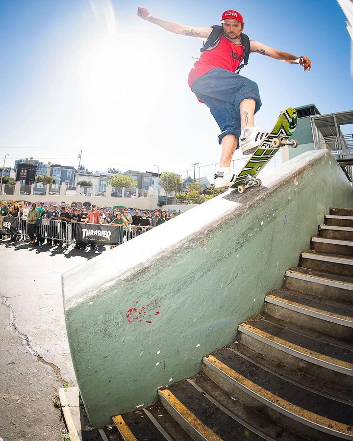 Gabriel Summers with a Darrell Stanton tribute while dressed as Chad Muska from Thrasher's Bust Or Bail Ripper at Clipper 2, photo by Mike Burnett - CSC, Cardiff Skateboard Club - UK Skate Store