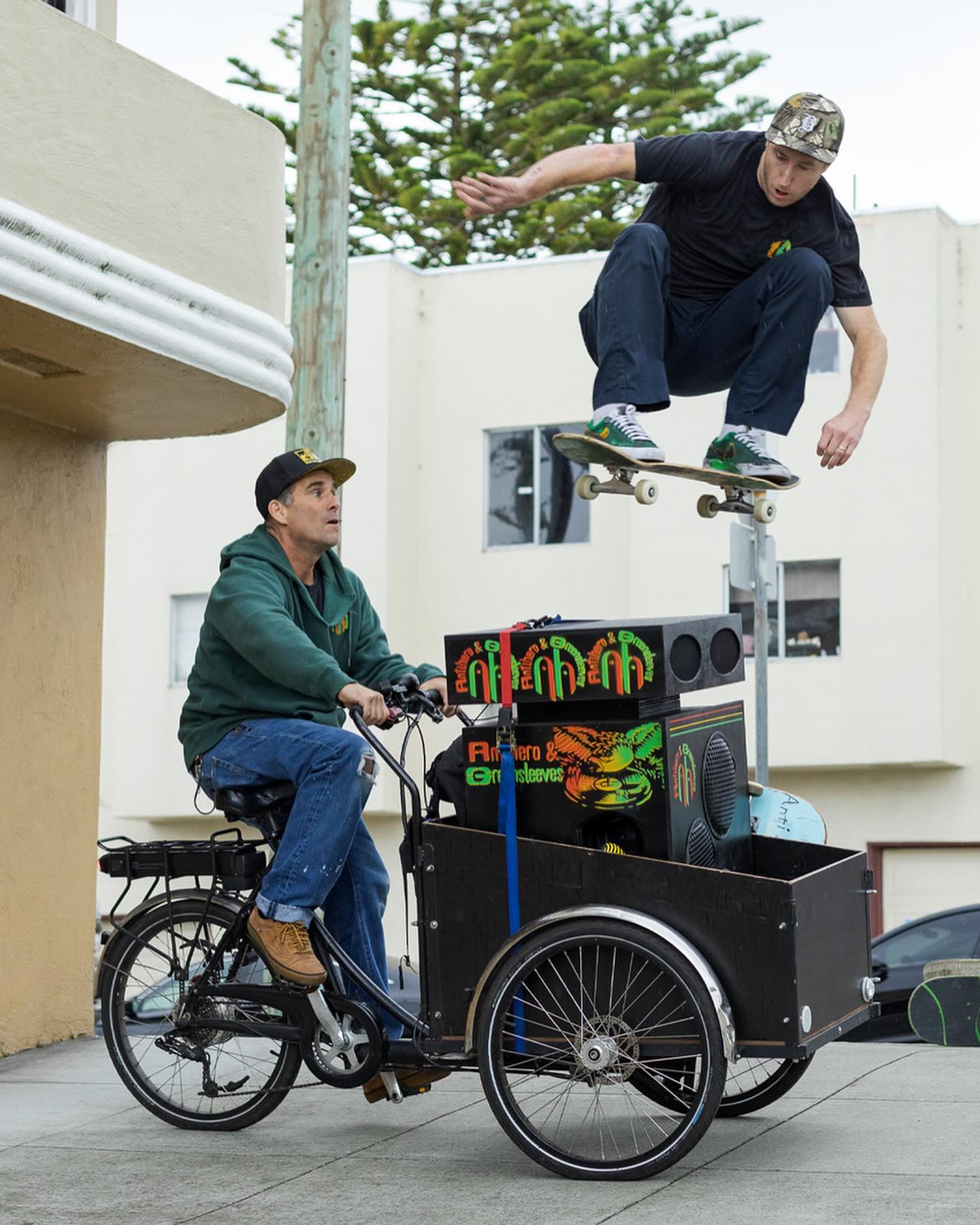 Grant Taylor Ollieing over John Cardiel for the Anti Hero x Greensleeves collab, photo by Mack Scharff - CSC, Cardiff Skateboard Club - UK Skate Shop