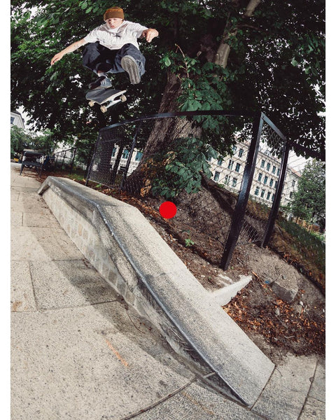 Hermann Stene Ride-on 5050 kickflip 5050 for the cover of Free Skate Mag Issue 50, photo by Clement Le Gall - CSC, Cardiff Skateboard Club - UK Skate Store