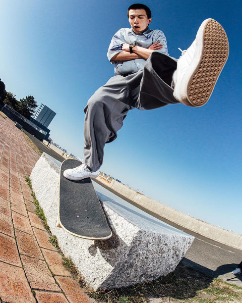 Kento Yoshioka one foot smith grind, photo by Marimo Ohyama - CSC, Cardiff Skateboard Club - UK Skate Store