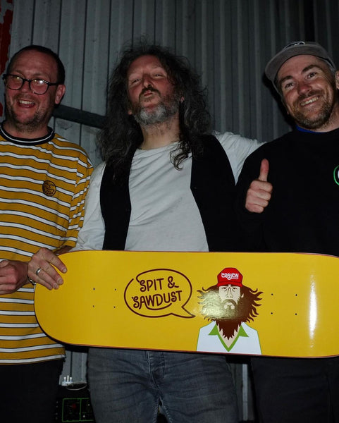 Christian, Tom, and Dykie with the Crayon x Spit and Sawdust skateboard deck - CSC, Cardiff Skateboard Club - UK Skate Store