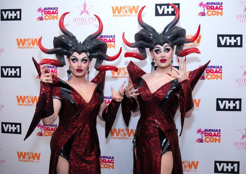 boulet brothers pointy headpieces at drag con red dresses