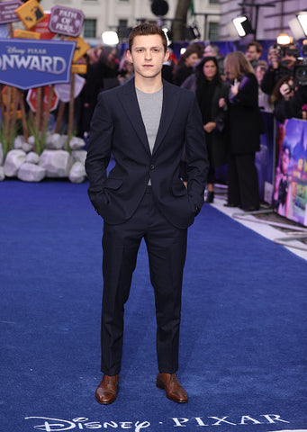 Tom Holland Blue Suit and Brown Shoes