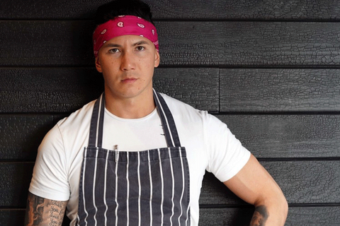 Angelo Sato in chef whites red bandana