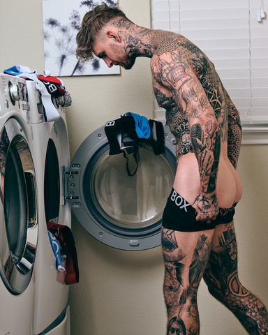 Box Model Dan Soar washes underwear 