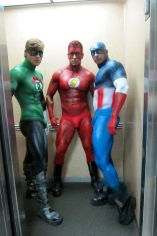 3 cosplay guys with spray on costumes