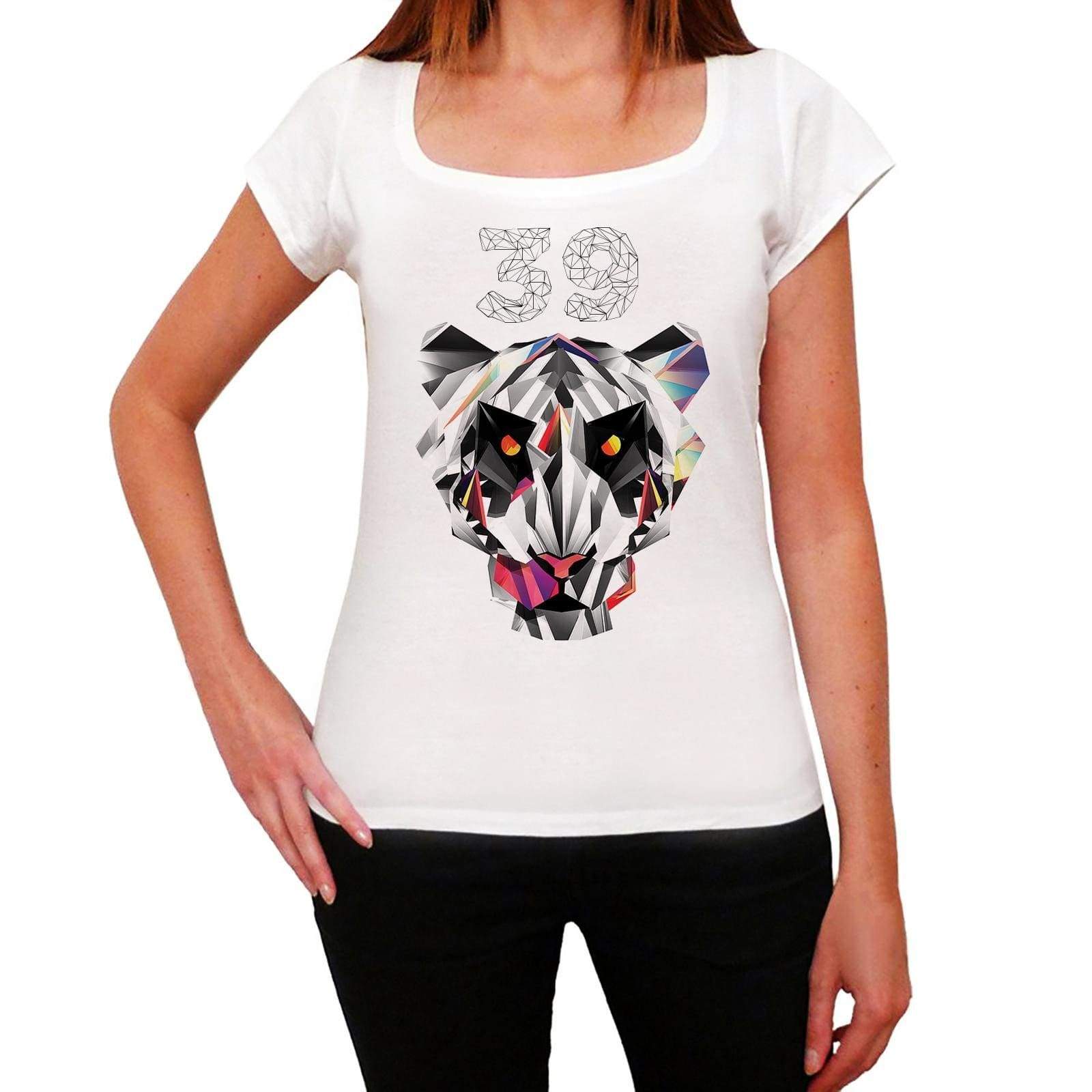 Geometric Tiger Number 39, white, Women's Short Round Neck T-shirt 00283 | affordable organic t-shirts beautiful designs