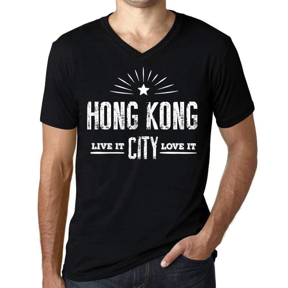 Men's Vintage Tee Shirt Graphic V-Neck T shirt Live It Love It HONG KONG Deep Black | affordable organic t-shirts beautiful