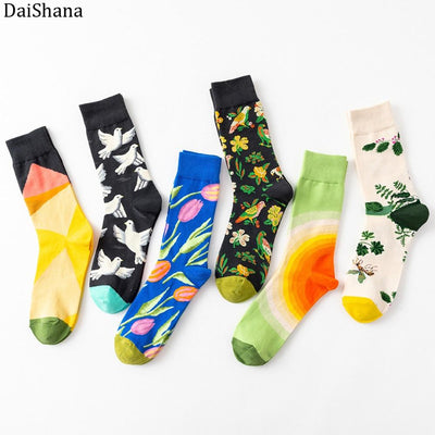 DaiShana 1 Pair New Arrival Women Socks Harajuku Creative Flower And Bird  Sketch Print Cotton Socks