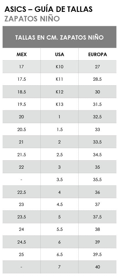 kiwi pánico sitio Guía de Tallas Asics Niños – RepublicaBlanca.com