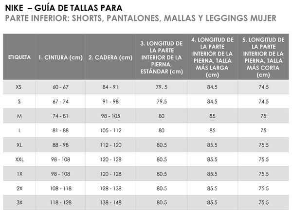 Tabla de tallas de leggings para mujer. Nike