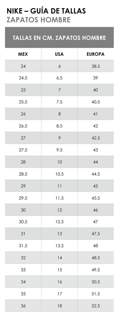 Guía de Tallas Nike RepublicaBlanca.com