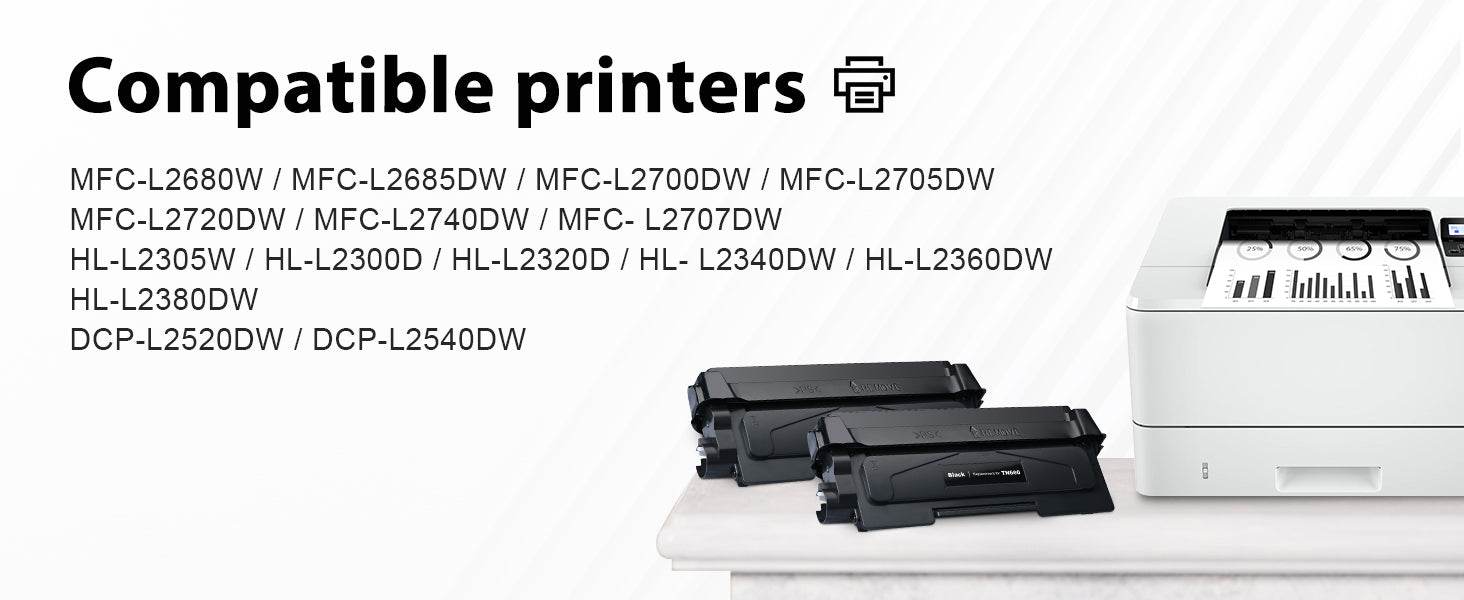 Brother TN660 Printer Toner Cartridges Compatible Printers:Brother DCP-L2520DW, DCP-L2540DW,HL-L2305W, HL-L2300D, HL-L2320D, HL- L2340DW ,HL-L2360DW, HL-L2380DW,MFC-L2680W, MFC-L2685DW, MFC-L2700DW, MFC-L2705DW, MFC-L2720DW, MFC-L2740DW, MFC- L2707DW