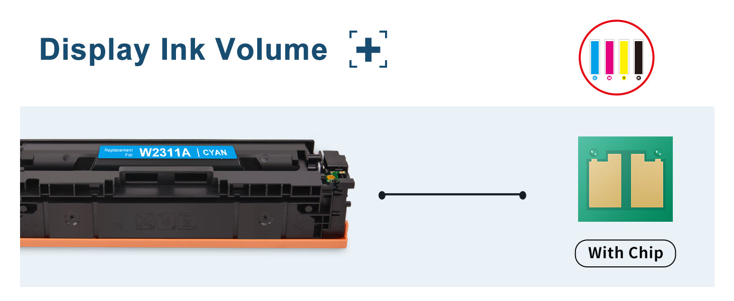 MYTONER HP 215A Toner Cartridge comes with the lastest chip, which will show the Ink Volume.