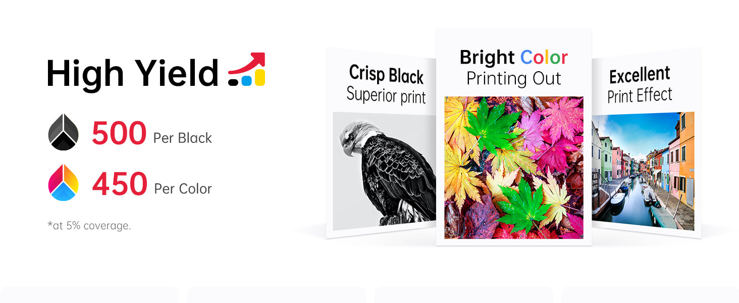Epson 220XL Ink Cartridges Page Yield: 500 pages per black cartridge, 450 pages per color cartridge at 5% coverage page.