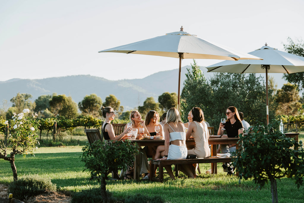 Group of women sitting on a table outdoors under an umbrella drinking wine. The background is of a vineyard and rolling hills