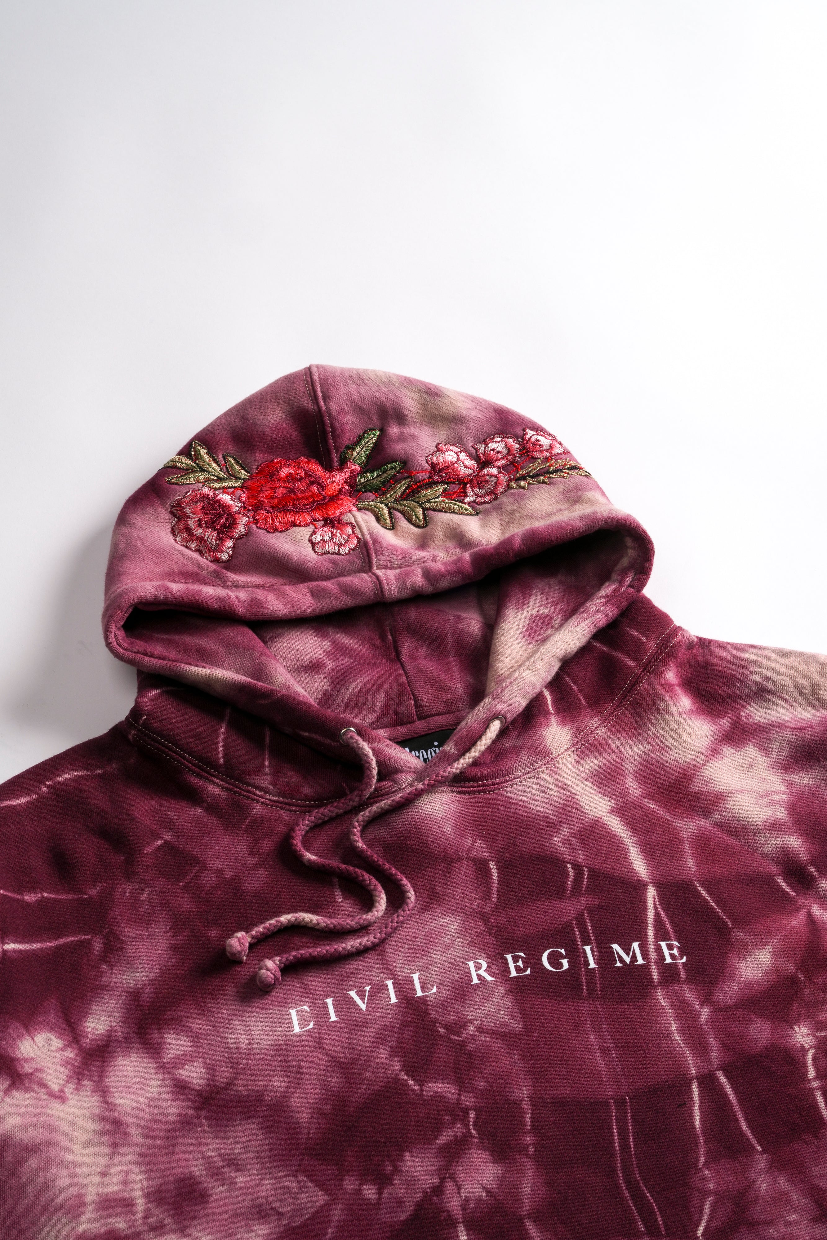 Civil Regime (Red) Roses Cozy Hoodie in Cranberry Marble Wash