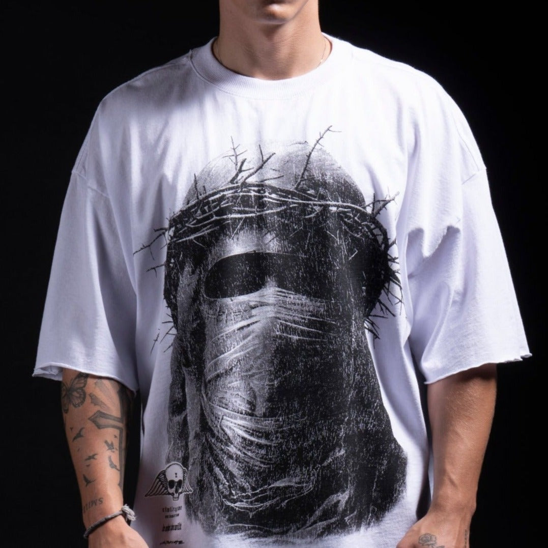 Hell Has No Face Raw Hem Dungeon Tee in White