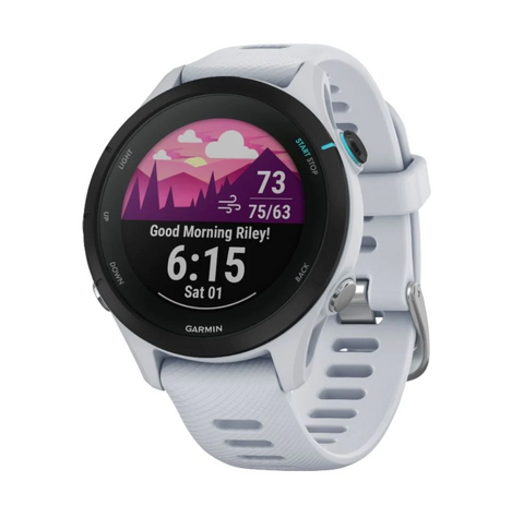 White Garmin GPS watch with a morning report on the watch face