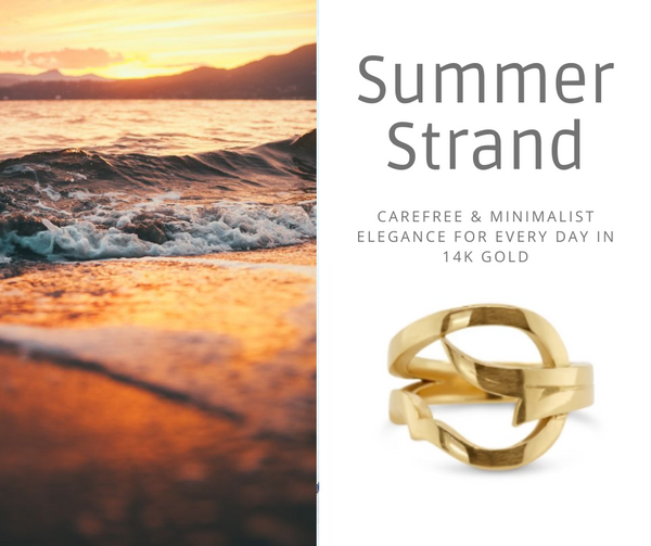 Summer Strand Collection Cover Photo sunset beach carefree and elegance for everyday in 14k gold image of wing ring