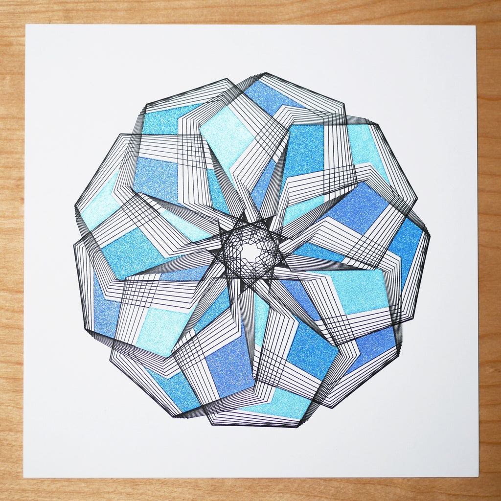 Little star spirograph print in metallic blue