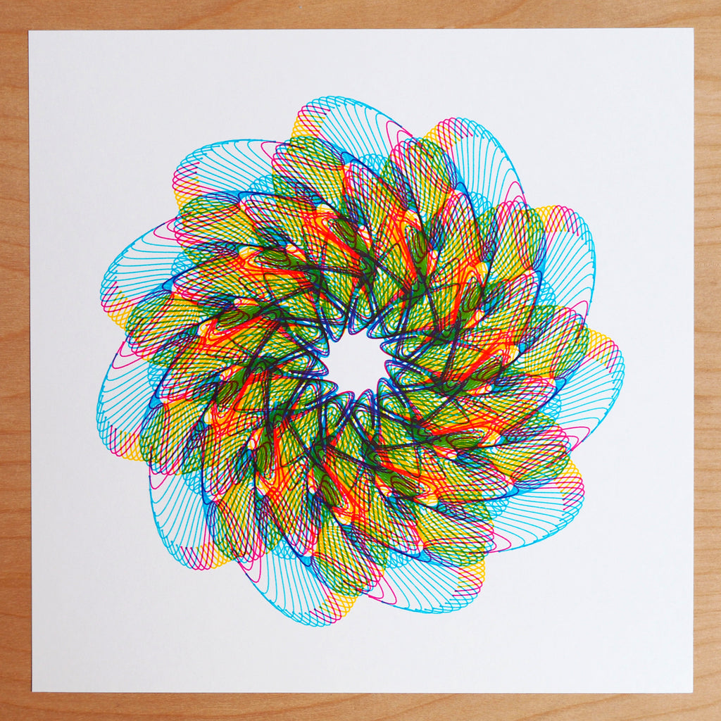 cmyk print, stabilo fine point pens, axidraw pen plotter, generative spirograph art process color