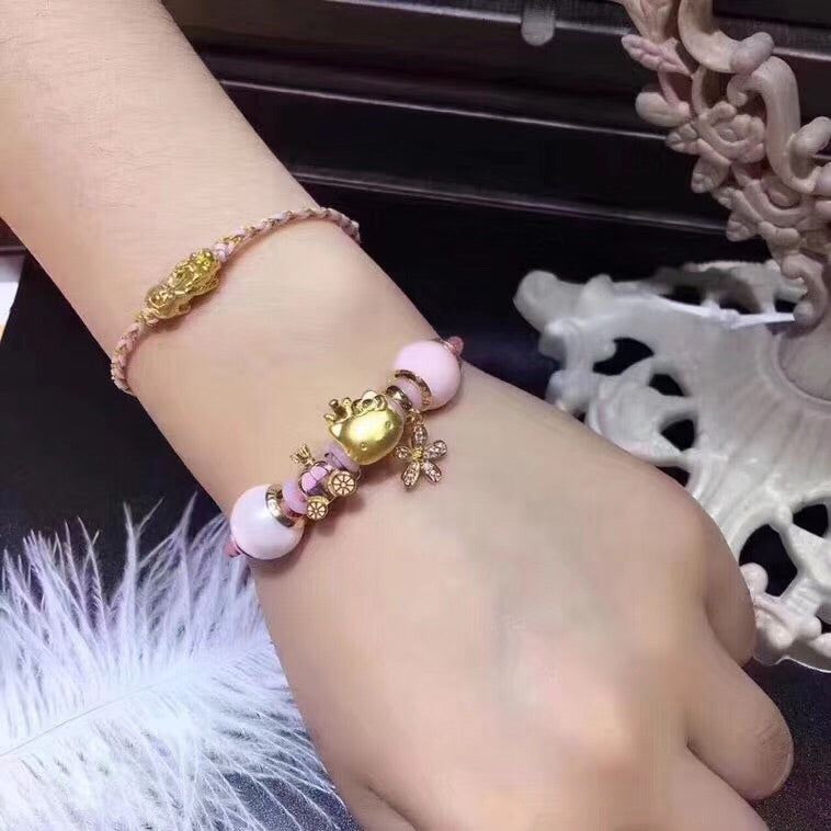 24k gold hello kitty pink leather charm bracelet - Xingjewelry