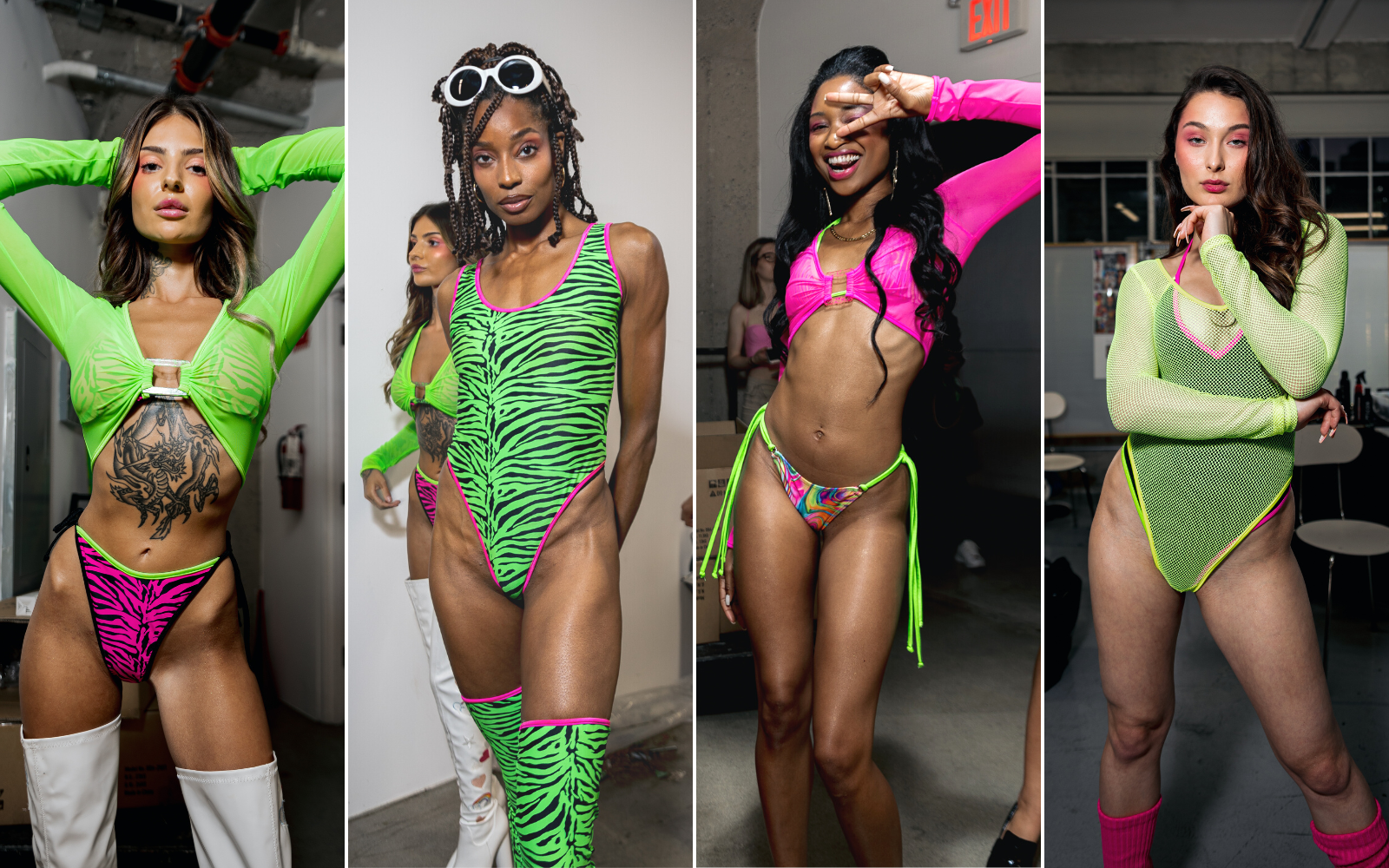 Sugarpuss models caught backstage wearing:  NEON BIKINI WITH TRIANGLE TOP AND HIGHCUT STRING BOTTOMS IN PINK ZEBRA, HIGHCUT ONEPIECE SWIMSUIT WITH THONG BACK IN NEON GREEN ZEBRA WITH BLACK TRIM