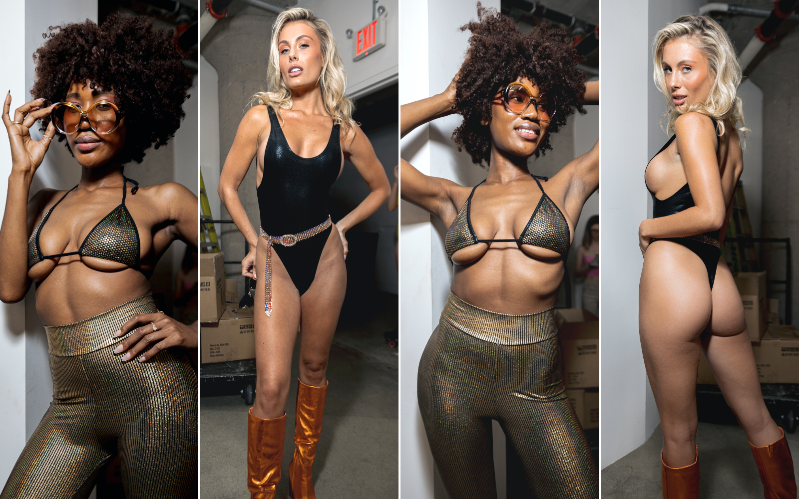 Sugarpuss models caught backstage wearing: HOLOGRAM HIGHCUT TRIANGLE BIKINI IN GOLD with black trim and the HOLOGRAM HIGHCUT SIDEBOOB ONE PIECE IN BLACK