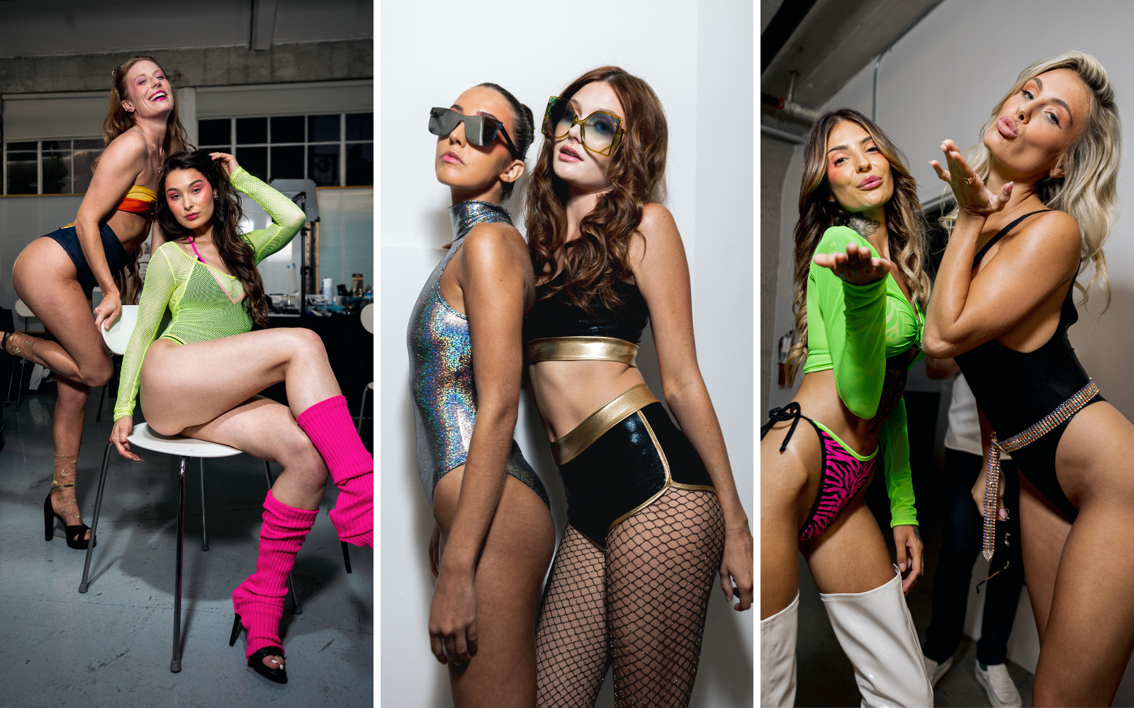 Sugarpuss models paired up backstage wearing: and HIGHCUT ONEPIECE SWIMSUIT WITH THONG BACK IN NEON GREEN ZEBRA WITH BLACK TRIM, HOLOGRAM HIGHNECK HIGHCUT ZIP-UP ONEPIECE IN SILVER and BLACK HOLOGRAM JOGGER SHORT WITH GOLD TRIM AND MATCHING SPORTY TOP, NEON BIKINI WITH TRIANGLE TOP AND HIGHCUT STRING BOTTOMS IN PINK ZEBRA, Sporty One-Piece Zip Up Suit in Neon Pink and HOLOGRAM HIGHCUT SIDEBOOB ONE PIECE IN BLACK