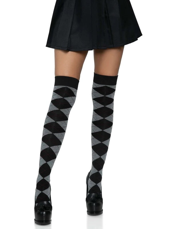 Argyle Plaid Over The Knee Knit Socks in Black and Grey - The Sugarpuss ...