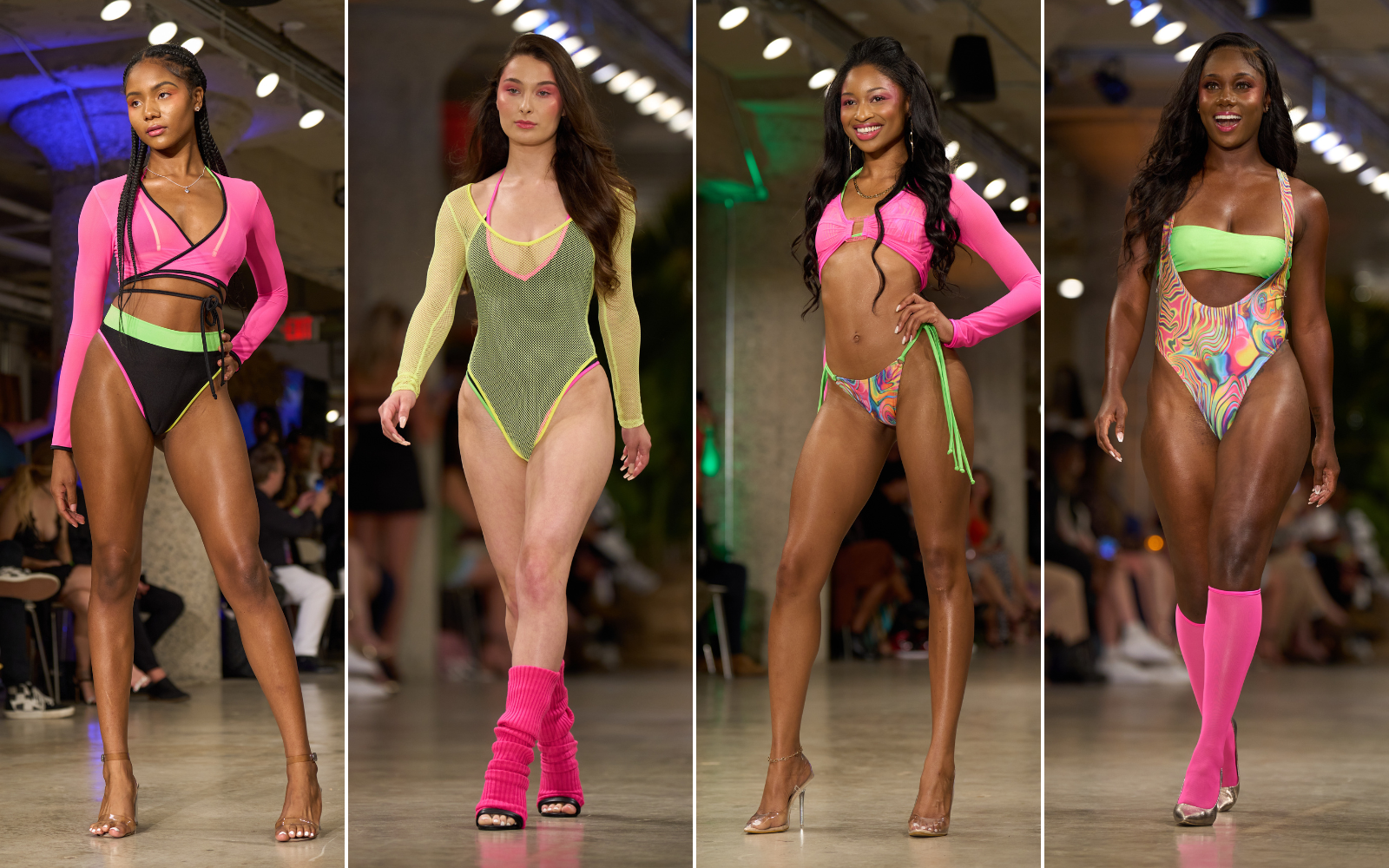 Sugarpuss Swim on the runway wearing: NEON TRIM BIKINI WITH TRIANGLE TOP AND HIGHCUT CHEEKY BOTTOMS, NEON TRIM HIGHCUT HALTER BODYSUIT IN BLACK, Neon TRIM STRING BIKINI IN ACID SWIRL, HIGH CUT HALTER BODYSUIT IN ACID SWIRL WITH BLACK TRIM