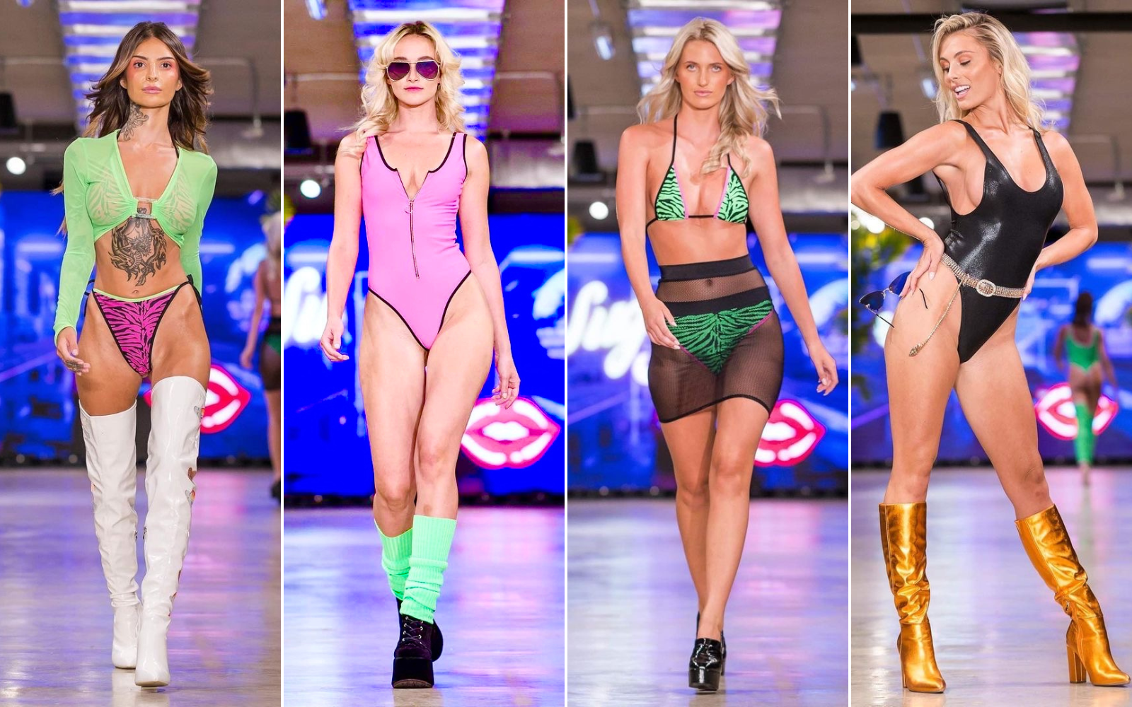 Sugarpuss on the runway wearing: NEON BIKINI WITH TRIANGLE TOP AND HIGHCUT STRING BOTTOMS IN PINK ZEBRA, Sporty One-Piece Zip Up Suit in Neon Pink, NEON BIKINI WITH TRIANGLE TOP AND HIGHCUT THONG BOTTOMS IN LIME GREEN ZEBRA, HOLOGRAM HIGHCUT SIDEBOOB ONE PIECE IN BLACK