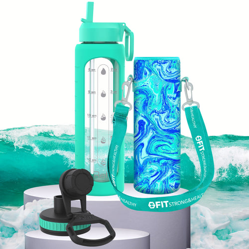 32 oz Glass Water Bottle with Straw Lid, Time Marker, Sleeve, Extra Lid & Water Bottle Holder with Strap (Seafoam, Blue Marble Carrier)