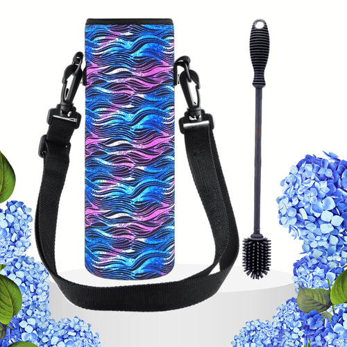 Water Bottle Holder with Strap for Walking & Cleaning Brush Set (Black Waves)