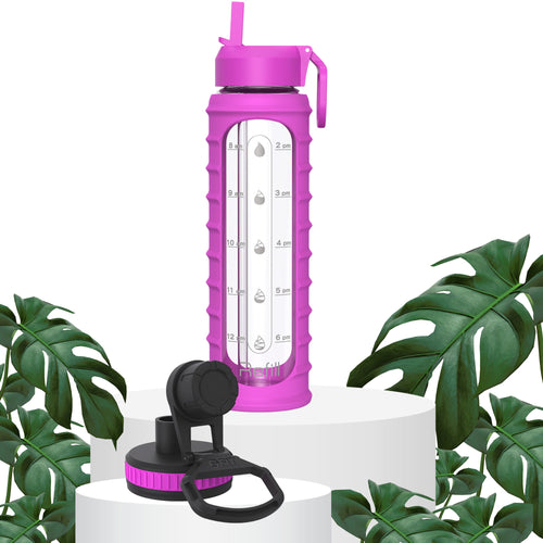 32 oz Glass Water Bottle with Straw Lid, Time Marker, Silicone Sleeve & Extra Lid (Purple Ribbed Sleeve)