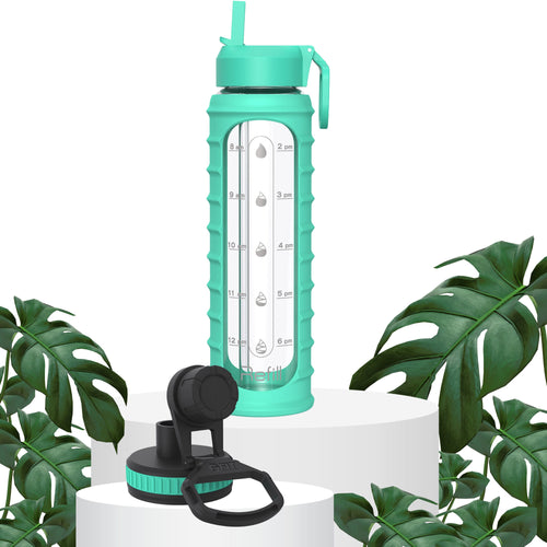 32 oz Glass Water Bottle with Straw Lid, Time Marker, Silicone Sleeve & Extra Lid (Seafoam Ribbed Sleeve)