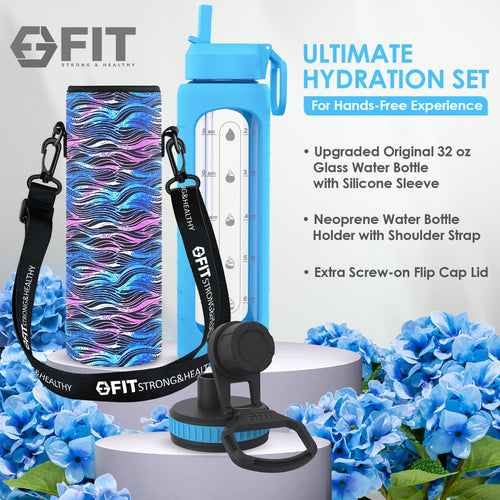 32 oz Glass Water Bottle with Time Marker and Water Bottle Holder