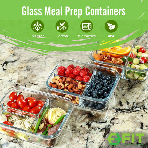3 Glass Food Storage Containers with Snap on Lids 2 Compartments Meal Prep,  1 unit - Kroger