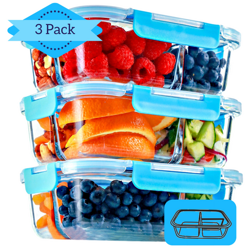 3 Compartment Glass Meal Prep Containers with BLUE Lids (3 Pack, 32 oz)