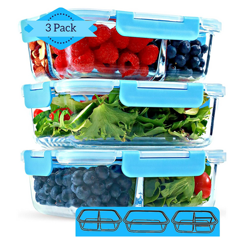 FIT Strong & Healthy 2 & 3 Compartment Glass Meal Prep Containers (4 Pack,  32 oz) - Glass Food Storage Containers with Lids, Glass Bento Box, Portion