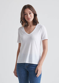 Women Basic Solid Stretch Elbow Sleeve Cotton V Neck Top Shirt T9671