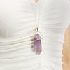 Model Wearing Purple Amethyst Crystal Point Necklace Made In Earth