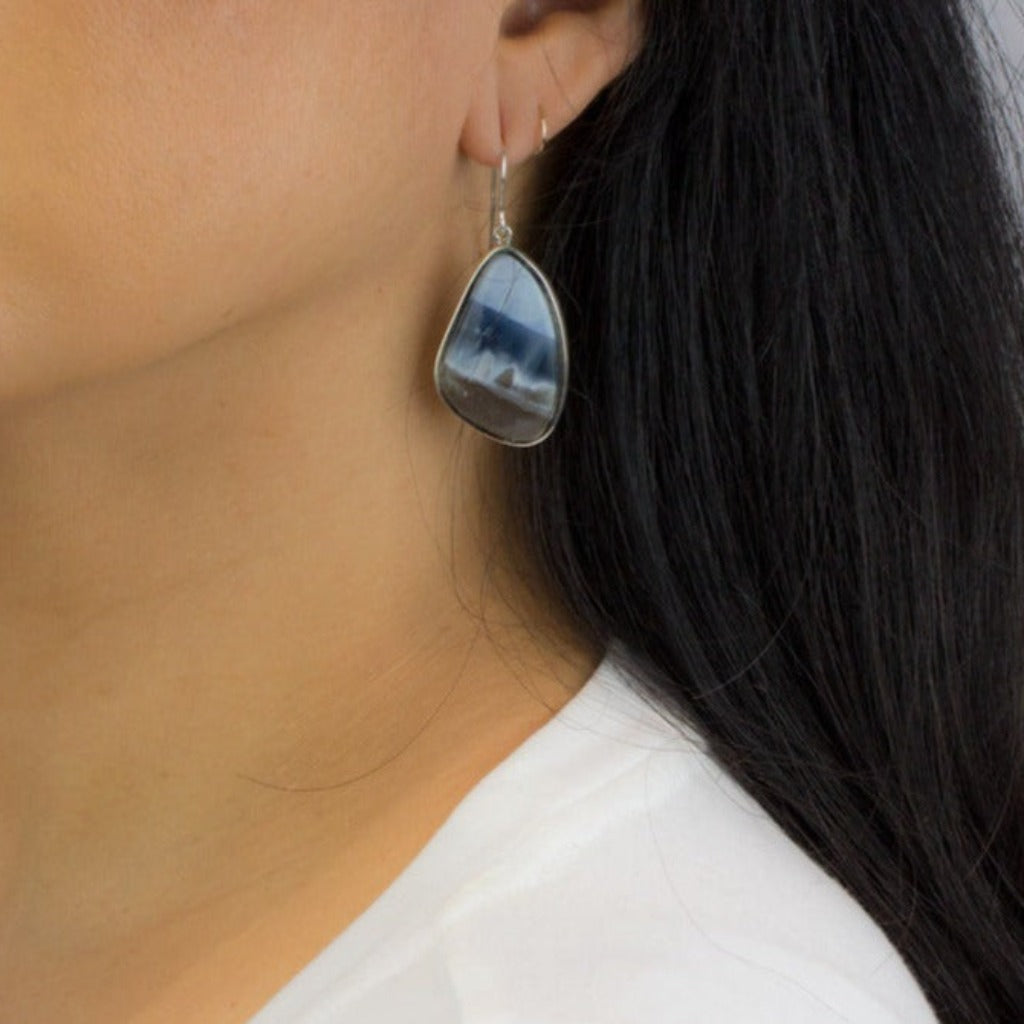 Blue Opal and Petrified Wood Earrings in 18k Yellow Gold – Amáli Jewelry